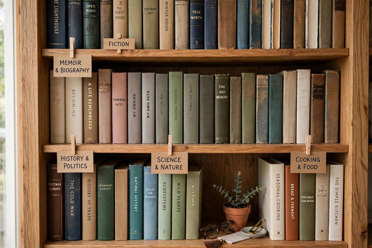 Close-up of labeled shelf sections with books grouped by subject