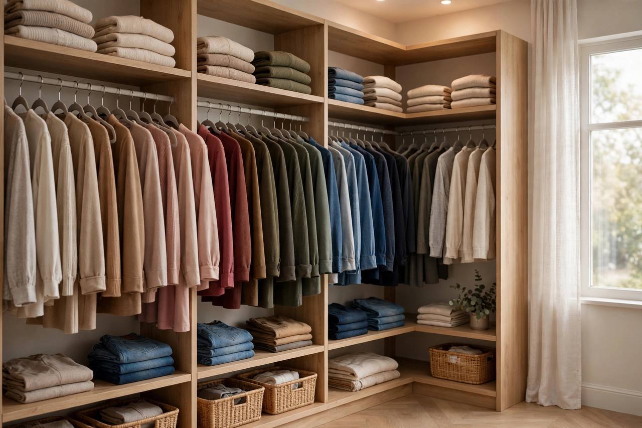 Neatly organized walk-in closet with clothes arranged by color on matching hangers