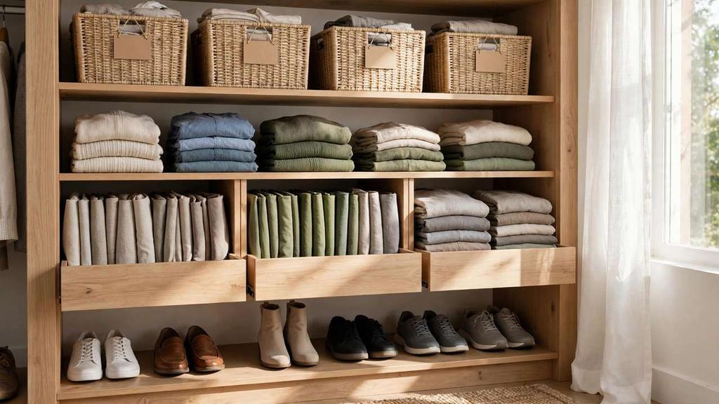Organized closet shelves with labeled storage bins and folded clothes