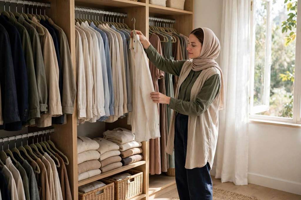 Woman hanging clothes on slim velvet hangers in a tidy organized closet