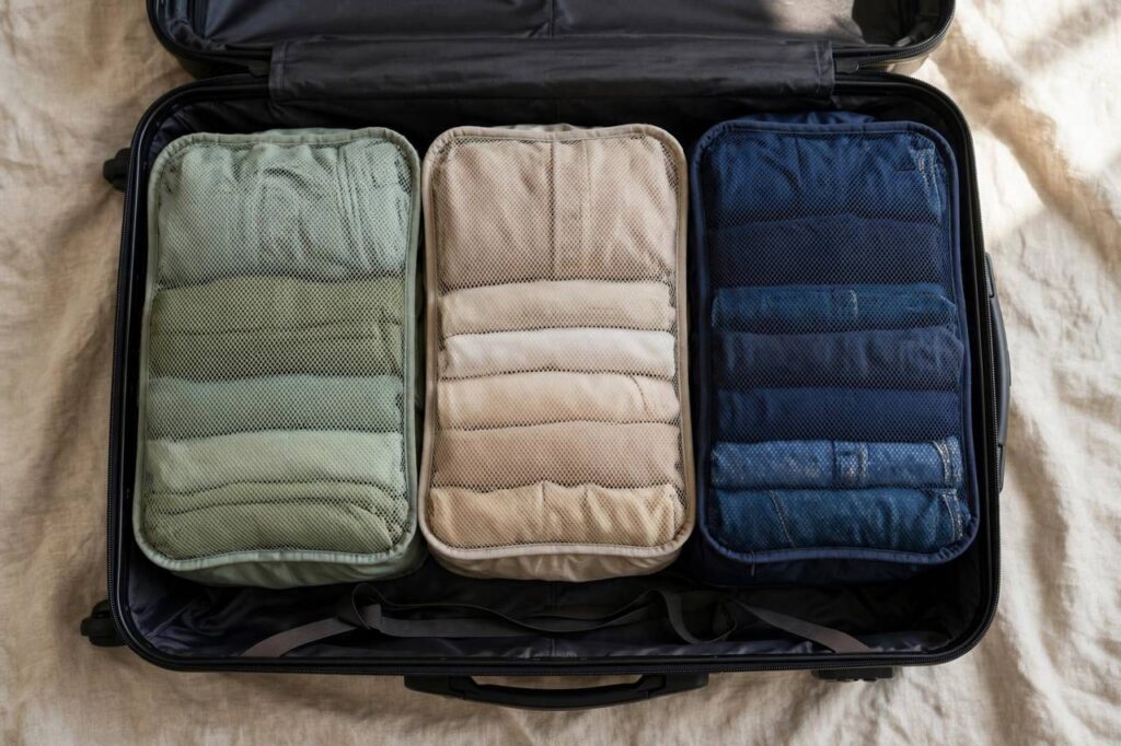 A neatly packed carry-on suitcase with folded clothes in packing cubes