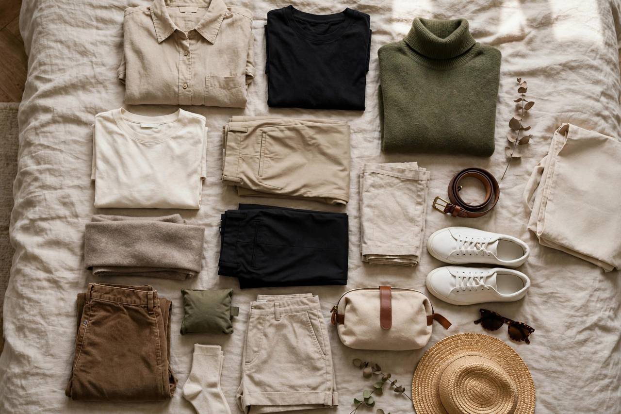 Folded capsule wardrobe clothes in neutral colors laid out for a two-week trip
