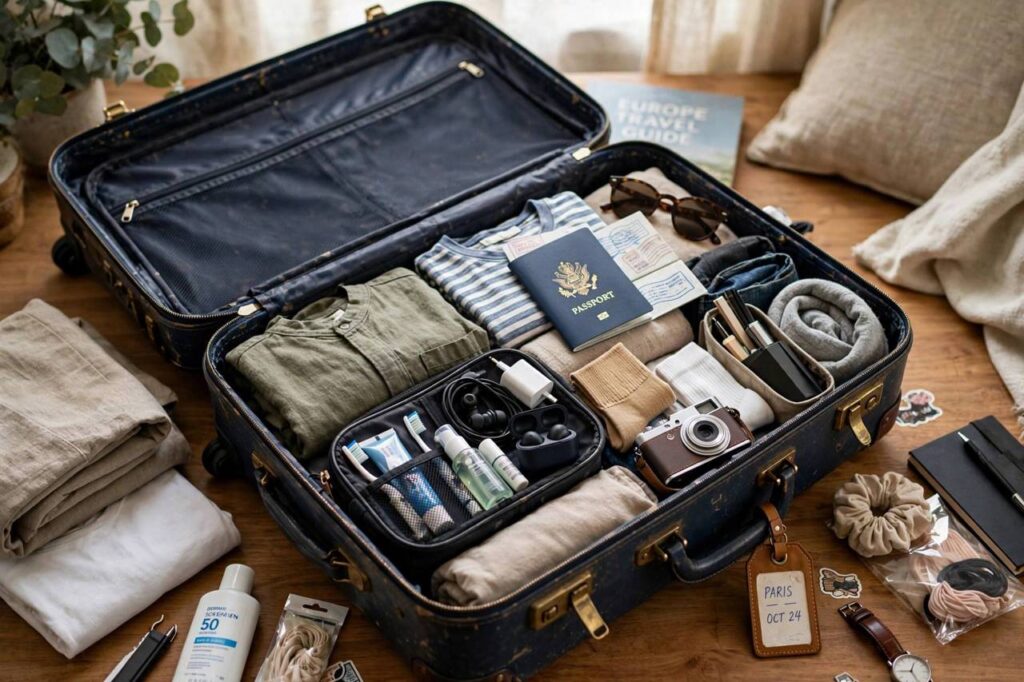 Open suitcase being packed for a trip