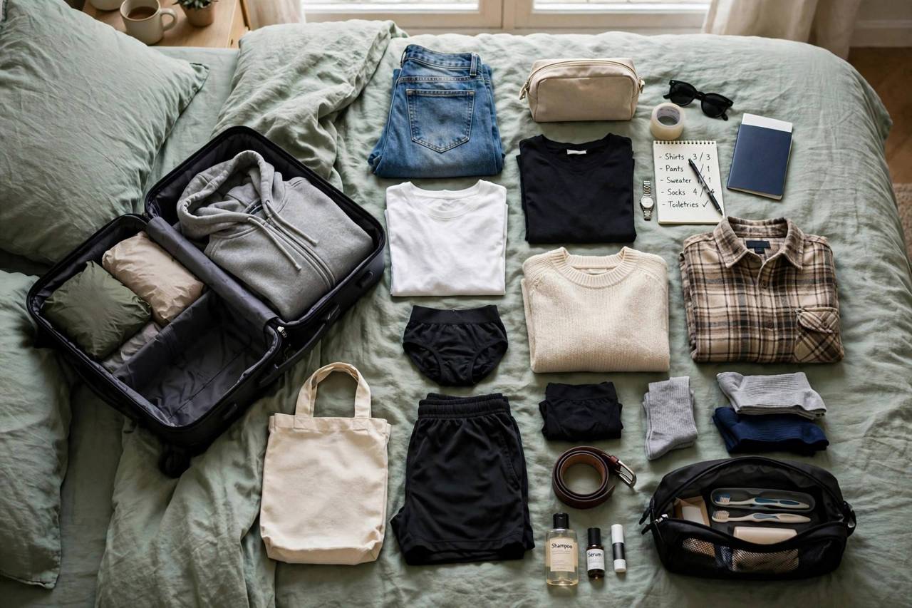 Clothes laid out on bed being organized for packing