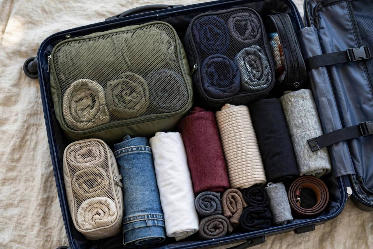 Neatly packed suitcase with rolling clothes and packing cubes