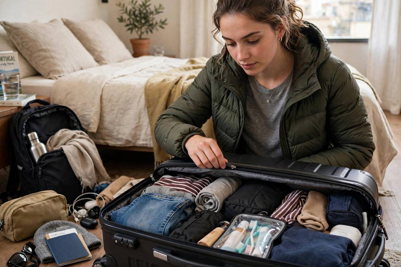 Traveler zipping up a packed carry-on suitcase