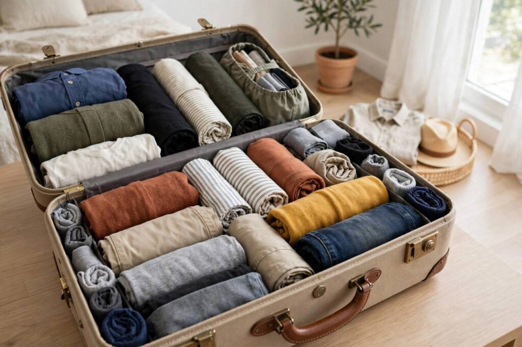 Perfectly packed suitcase with organized rolled clothing