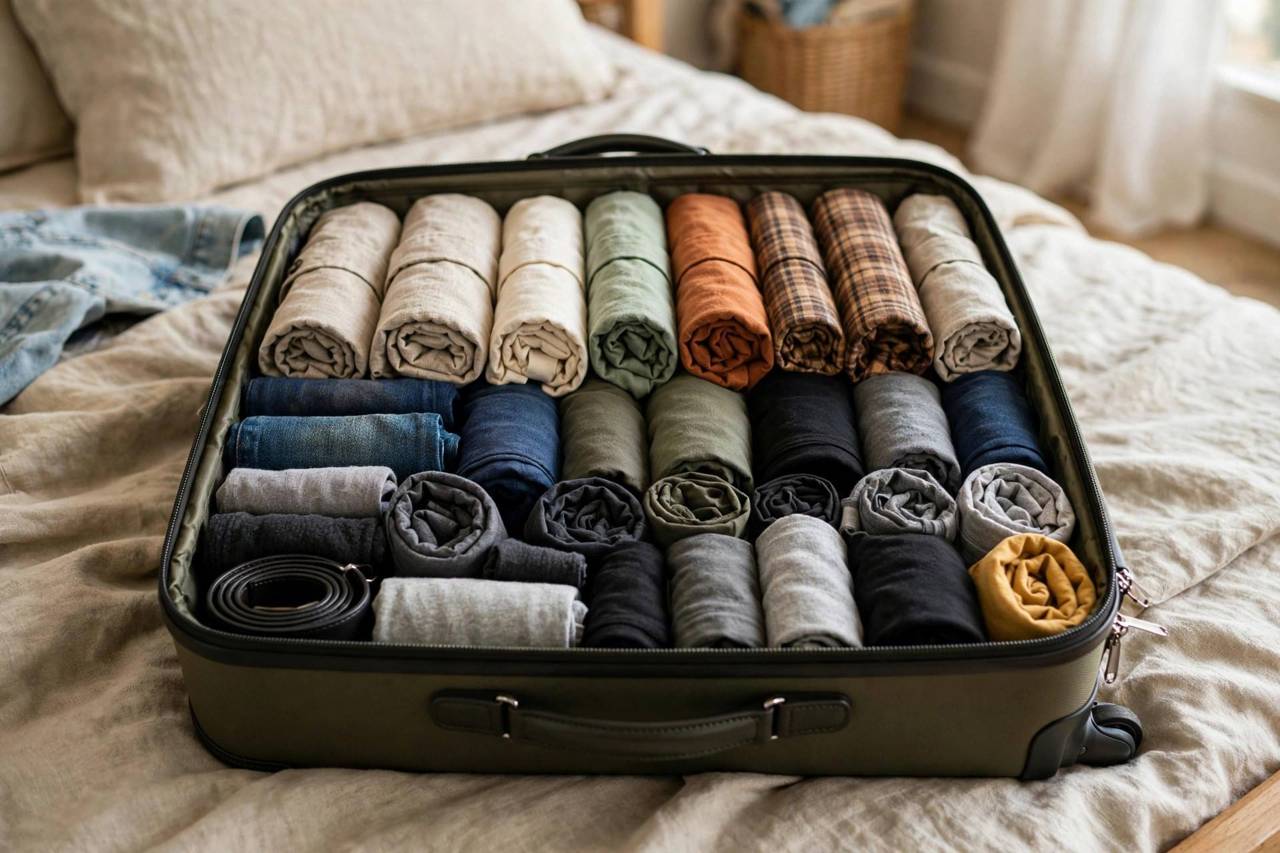Open suitcase with neatly rolled clothes arranged in layers