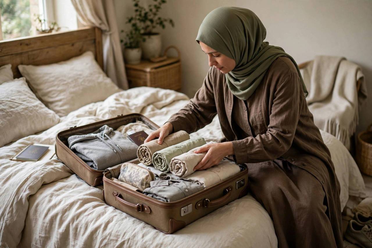 Traveler packing rolled shirts into an open suitcase on a bed