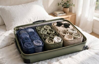 A carry-on packed with rolled clothes in packing cubes, showing how to pack light