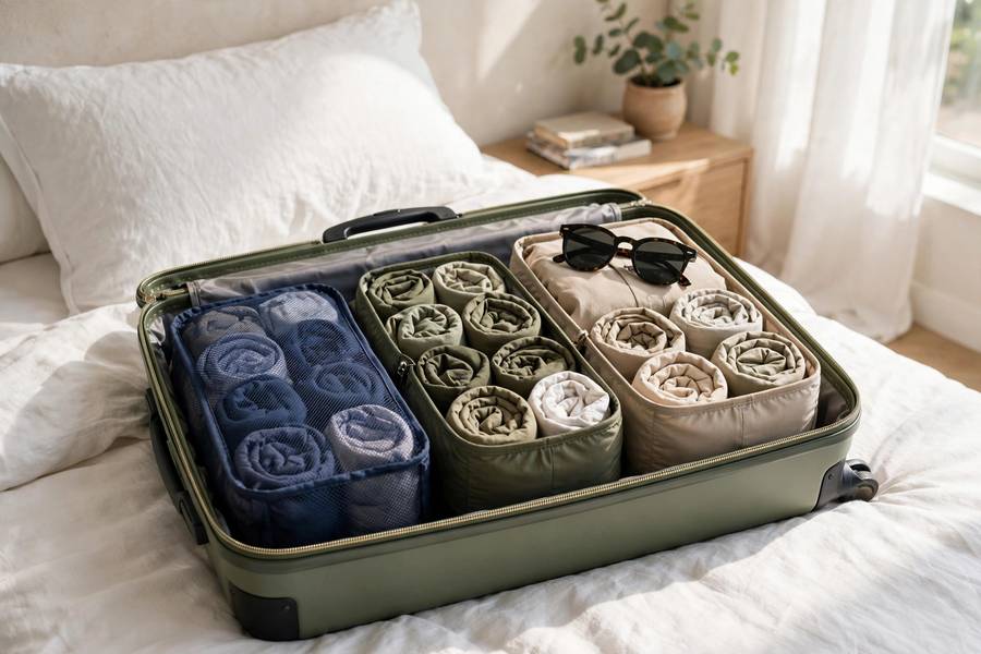 A carry-on packed with rolled clothes in packing cubes, showing how to pack light