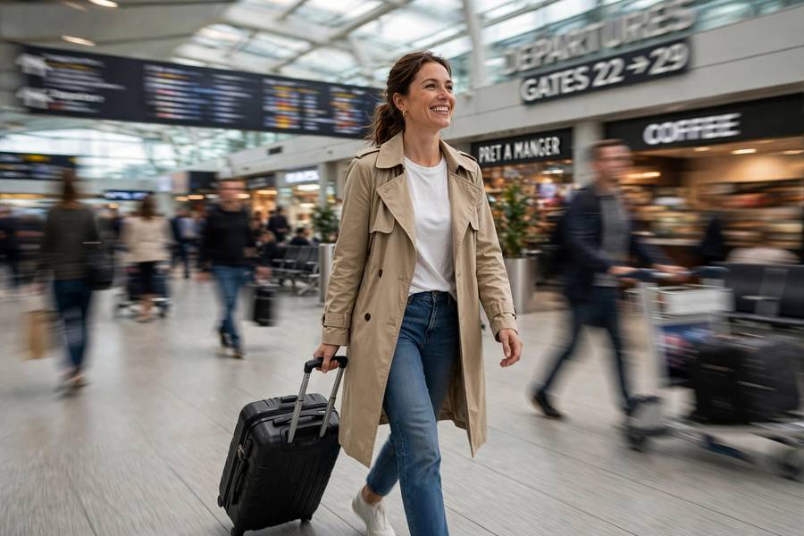 A traveler gliding through the airport with only a carry-on, the reward of learning how to pack light