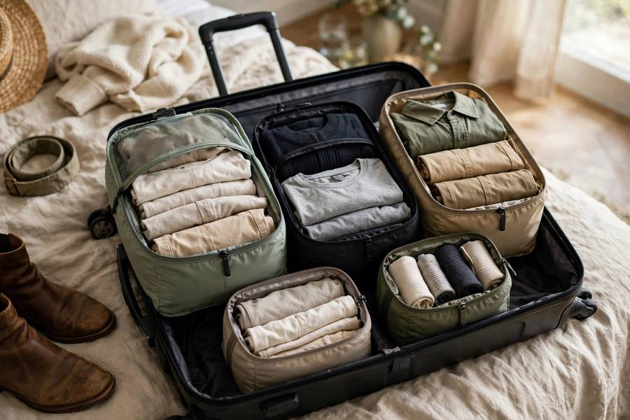 Open carry-on suitcase with capsule wardrobe packing cubes