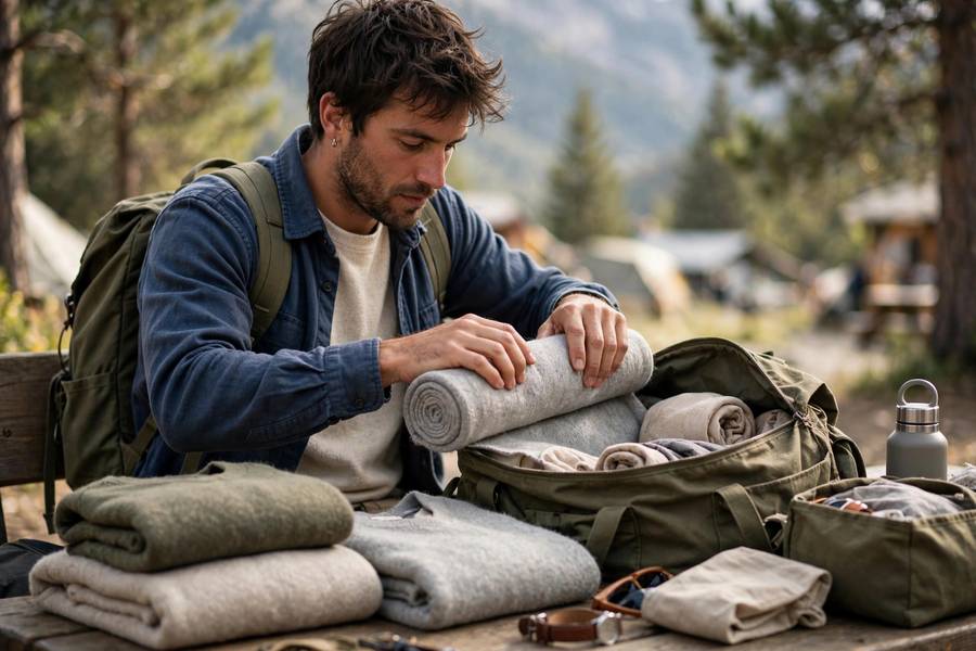 Traveler rolling merino wool tops for packing