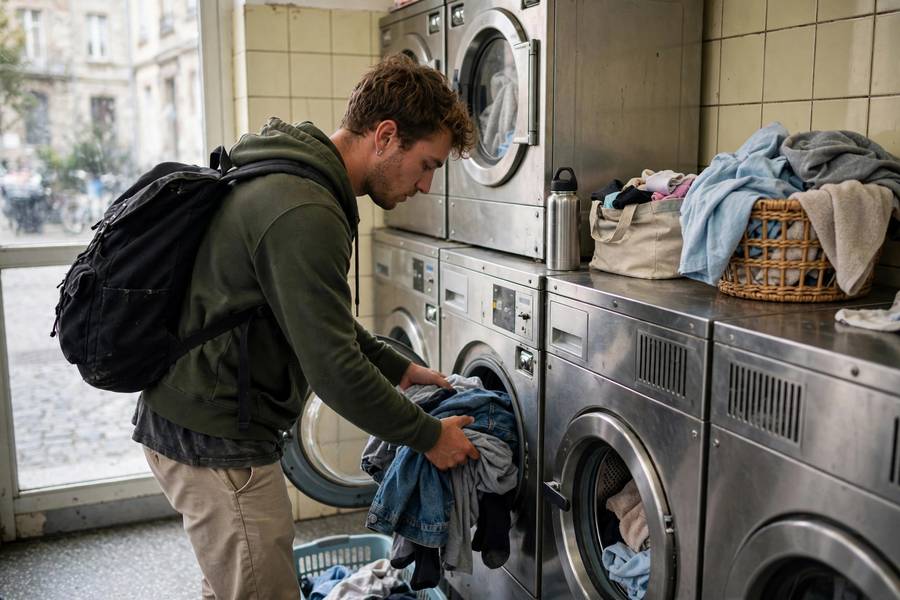 Laundromat with traveler washing clothes abroad
