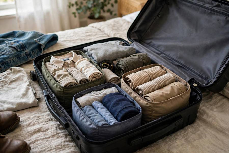 Open carry-on suitcase with packing cubes organized clothing