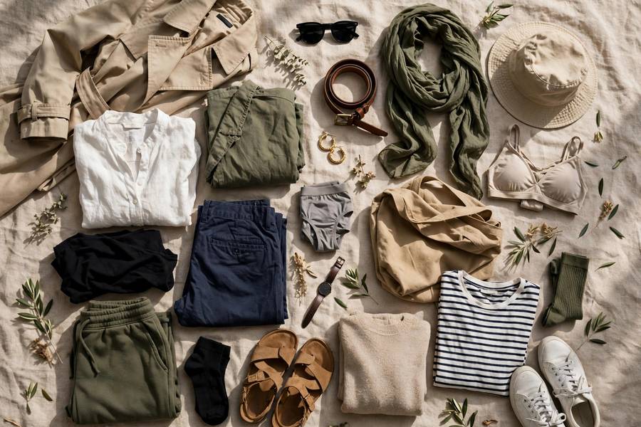 Capsule wardrobe flat lay with coordinated travel clothing