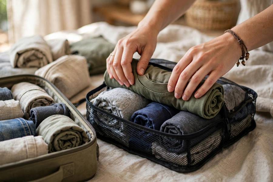 Hands rolling clothes using packing cubes technique