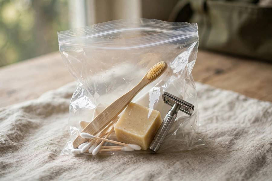 Minimalist travel toiletries in clear quart bag
