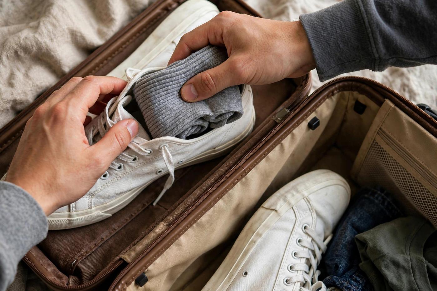 Hands stuffing rolled socks inside sneakers before placing them into a suitcase corner