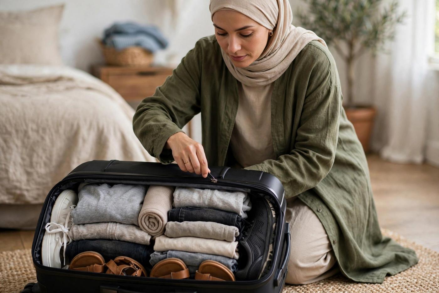 Traveler zipping a fully packed carry-on suitcase with shoes visible along the edges