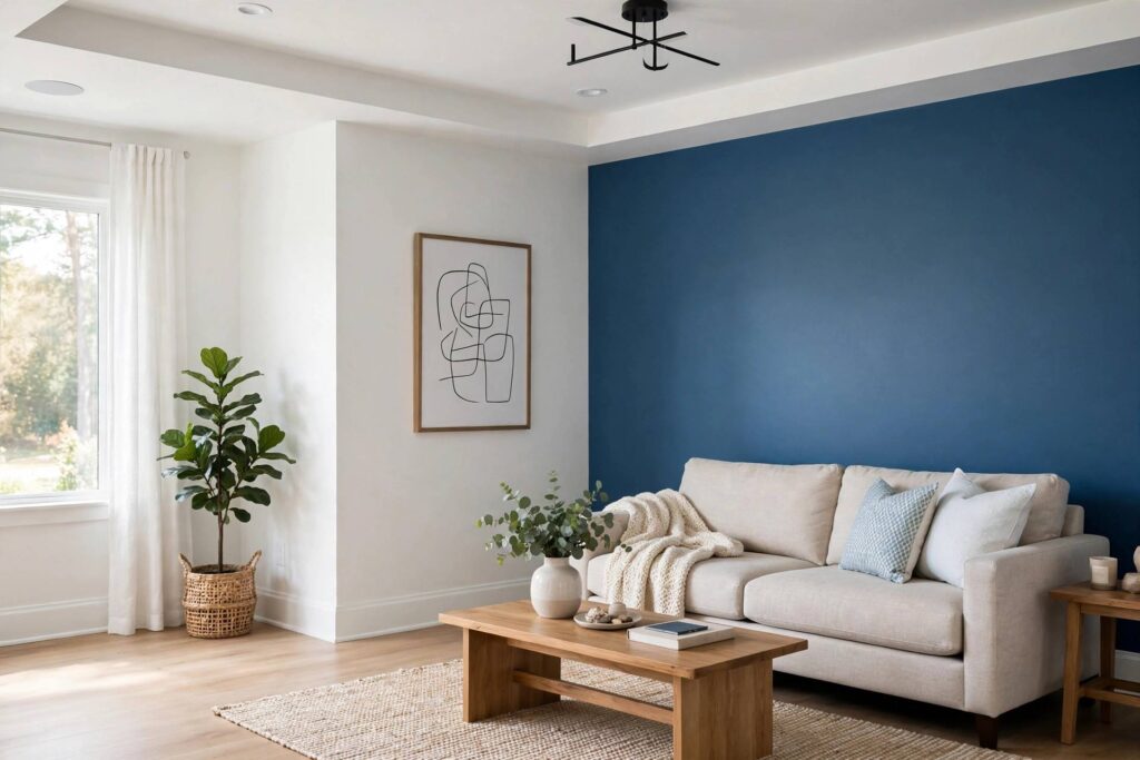 Freshly painted living room with crisp white walls and blue accent wall, professional finish
