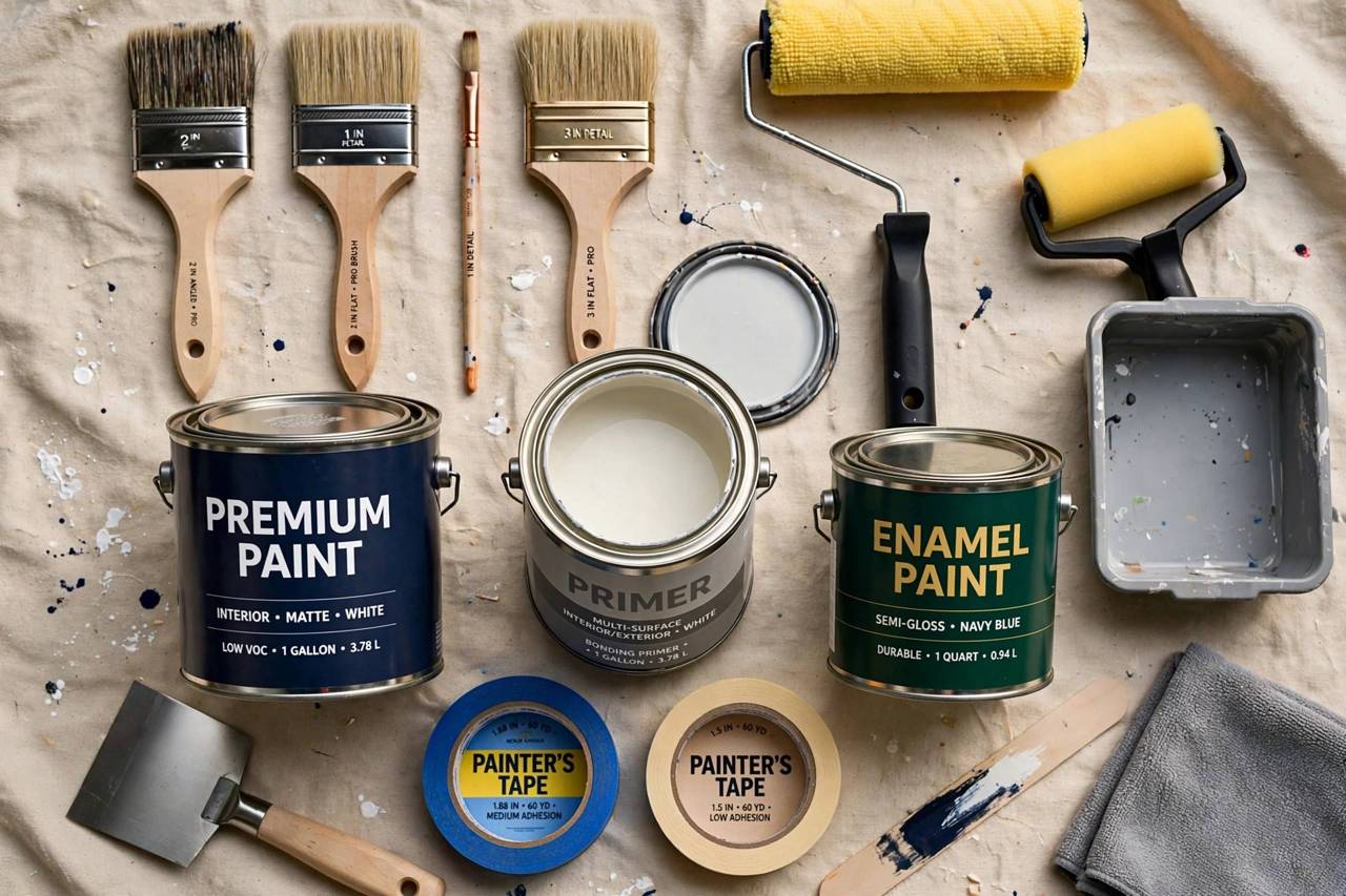 Professional painting supplies laid out: quality brushes, rollers, painter tape, and paint cans
