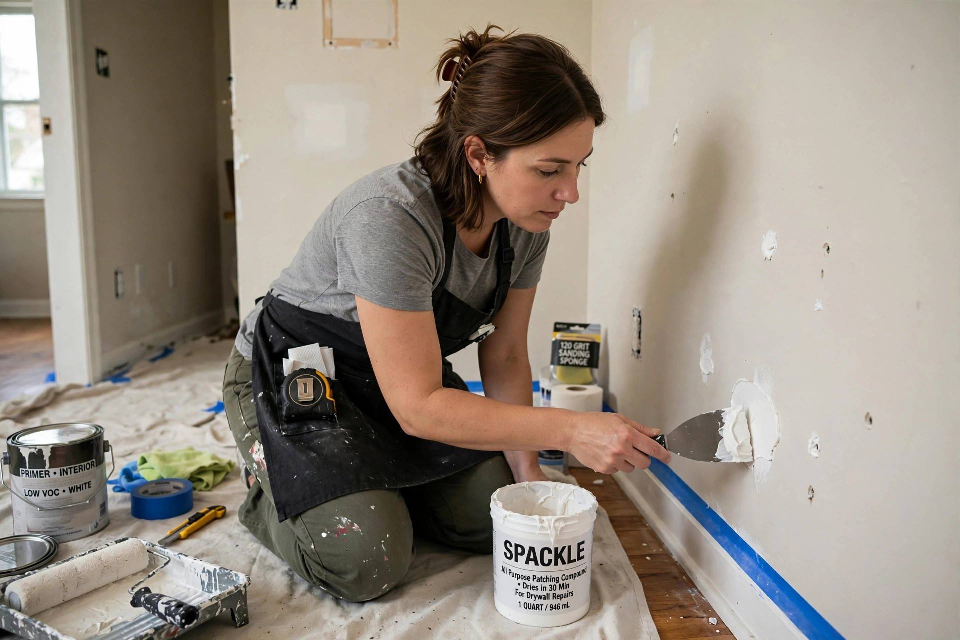 Homeowner applying spackle to fill nail holes in a wall during room painting preparation