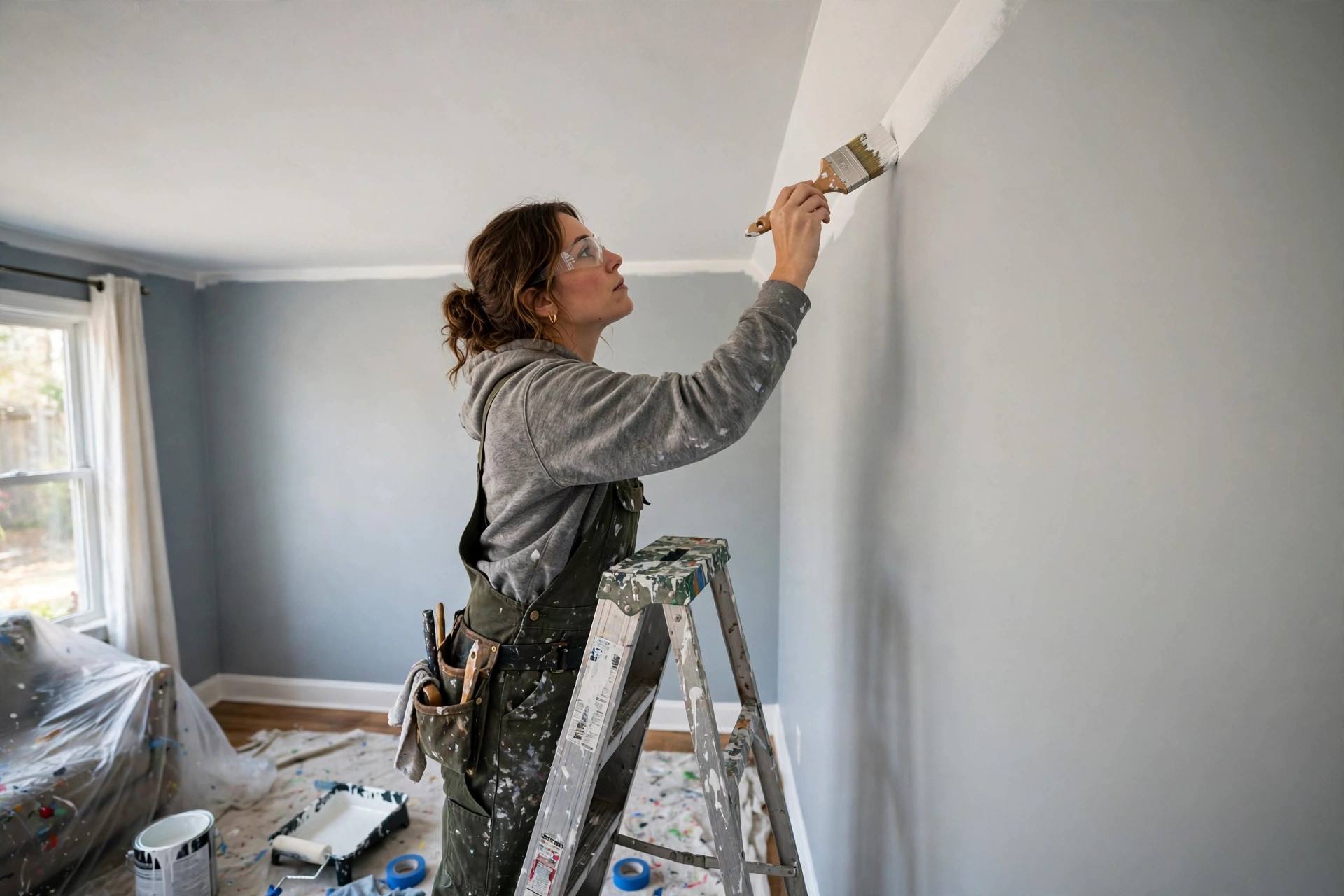Painter cutting in along ceiling edge with an angled brush, creating a crisp paint line