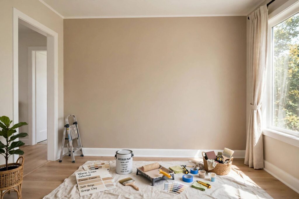 A freshly painted living room wall in a warm neutral color with crisp clean edges