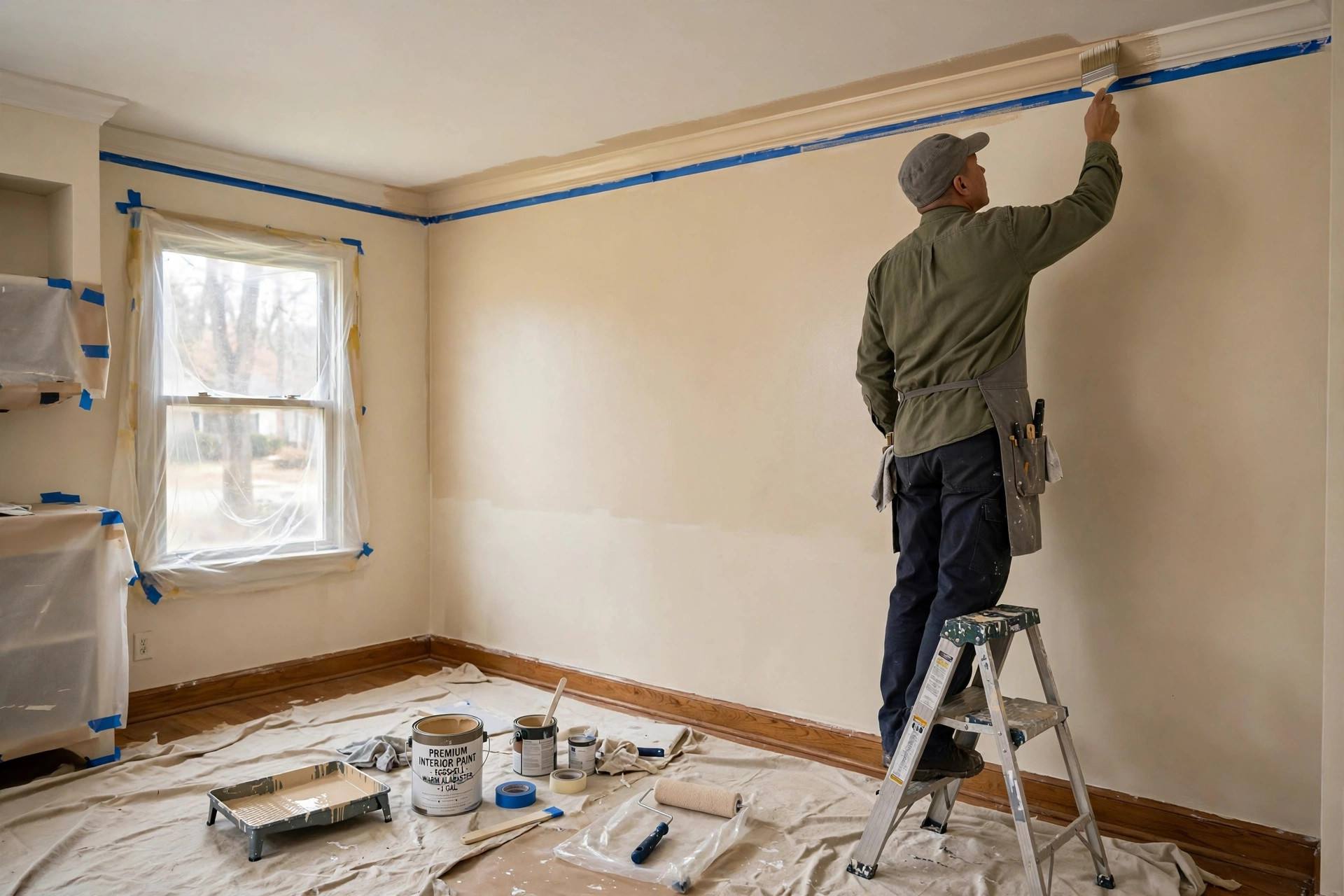 A painter cutting in along a ceiling edge with an angled brush during room preparation