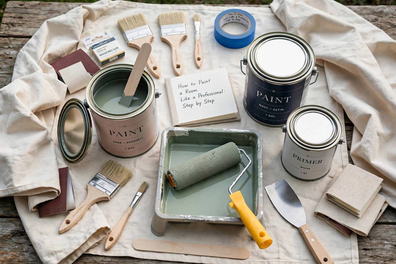 Paint supplies arranged neatly: roller, brushes, tray, and cans of paint with drop cloths