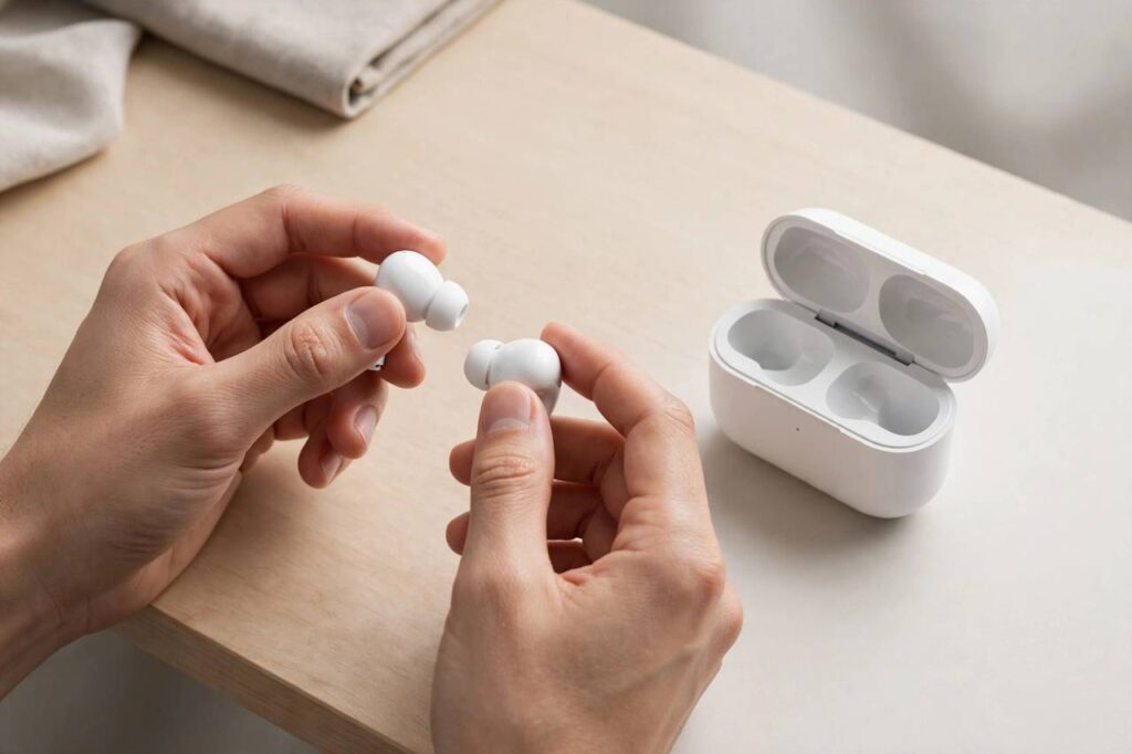 Hands holding wireless earbuds next to their open charging case on a desk, stylized product photo