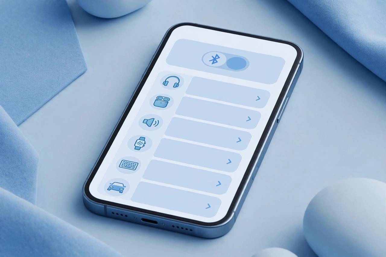 Smartphone Bluetooth settings screen showing a list of available devices, stylized illustration