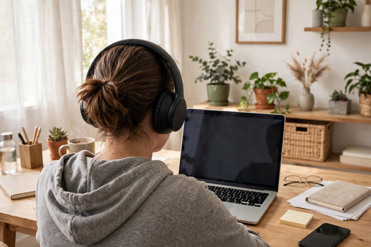 Person wearing wireless over-ear headphones working at a laptop, back view, stylized photo