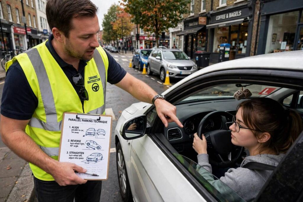 Driving instructor teaching parallel parking technique on a city street