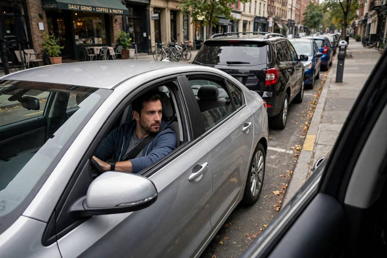 Driver parallel parking a car into a street parking space between two vehicles