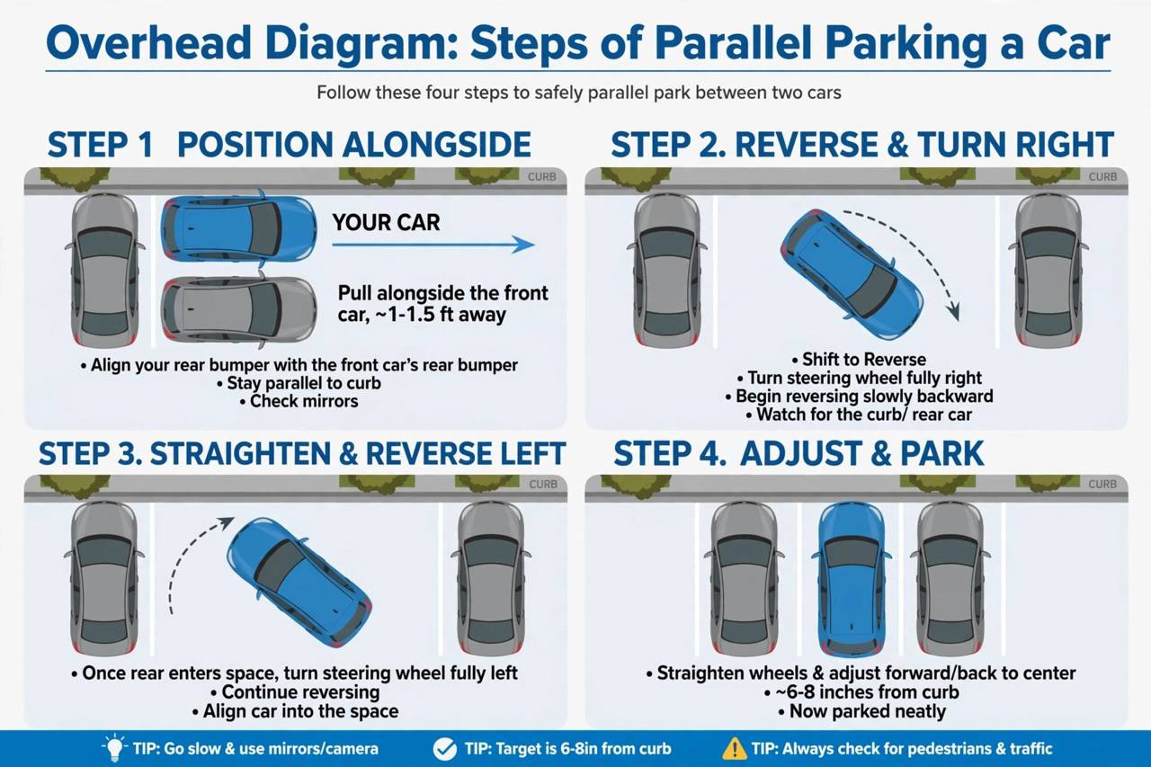 Overhead diagram showing the steps of parallel parking a car
