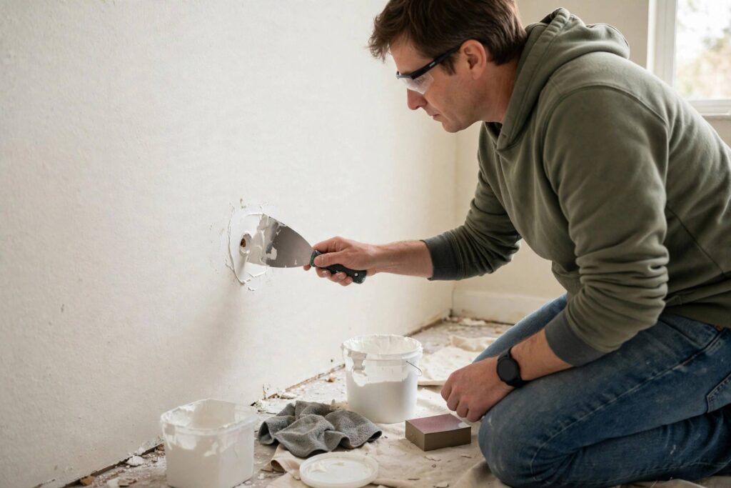 Person applying spackle to a small drywall hole with a putty knife
