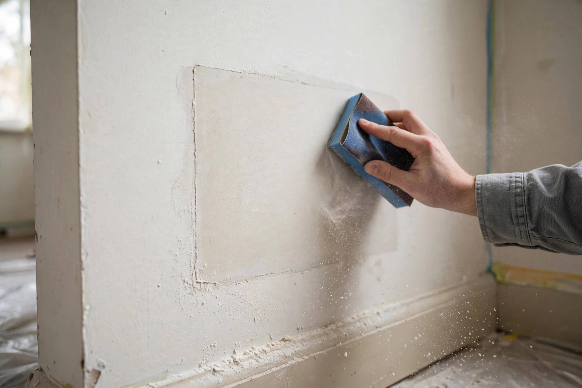Self-adhesive mesh patch placed over a medium drywall hole