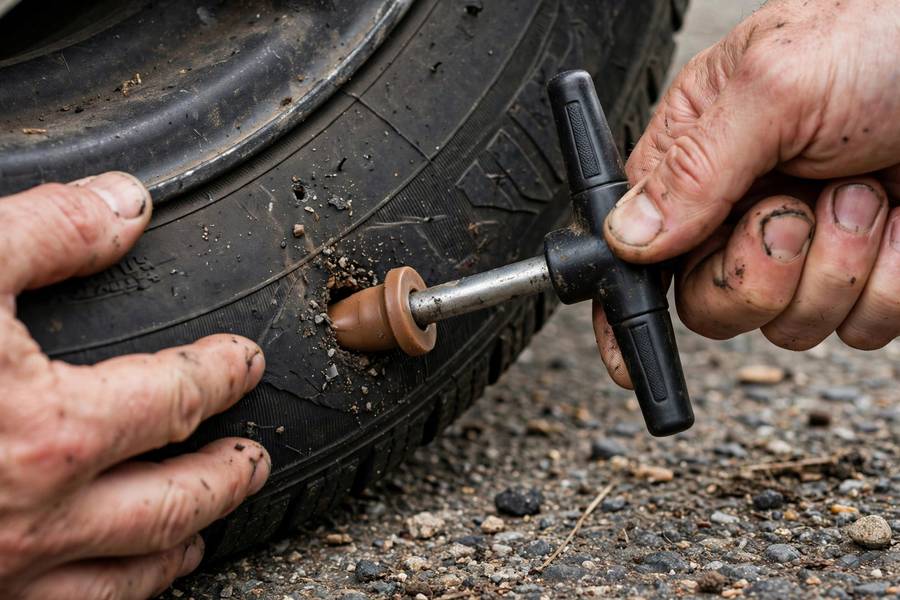Inserting a plug into a puncture in how to patch a tire puncture plug kit