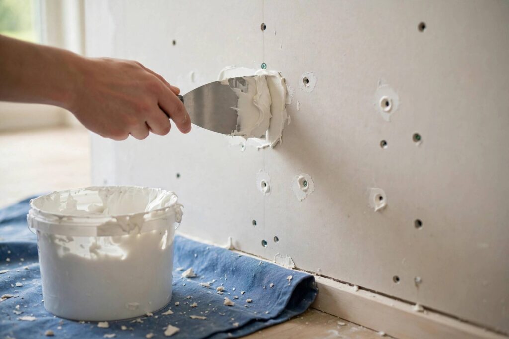 Filling nail holes in drywall with spackle before painting