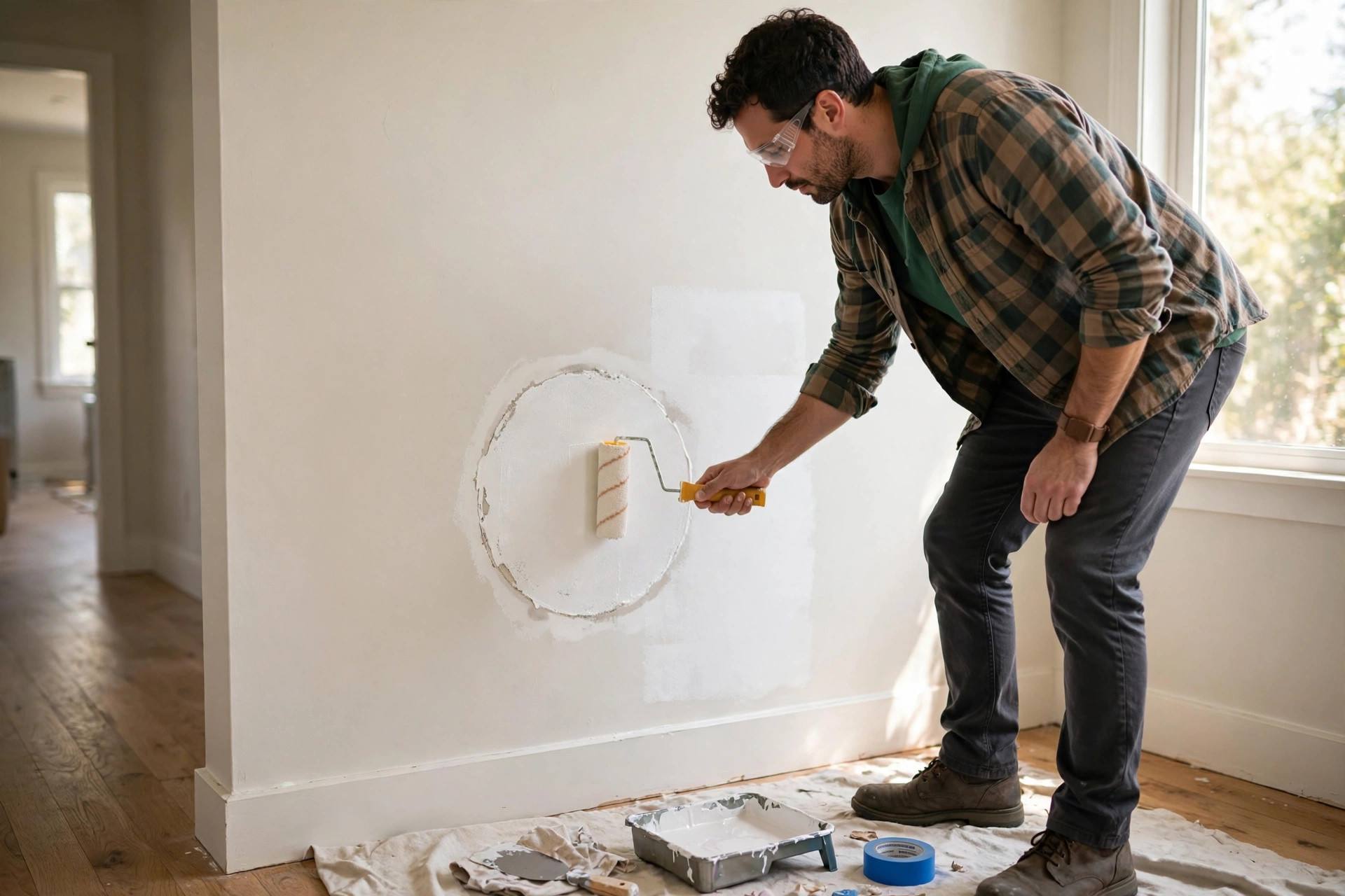 Sanding a patched drywall hole smooth with a sanding sponge