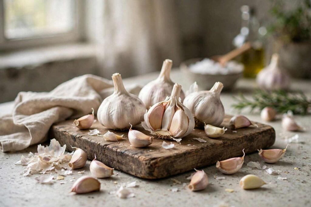 Fresh garlic bulbs and loose cloves on a rustic wooden cutting board