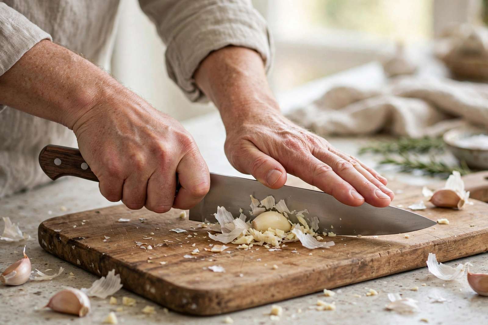 Hands smashing a garlic clove with the flat side of a chef's knife