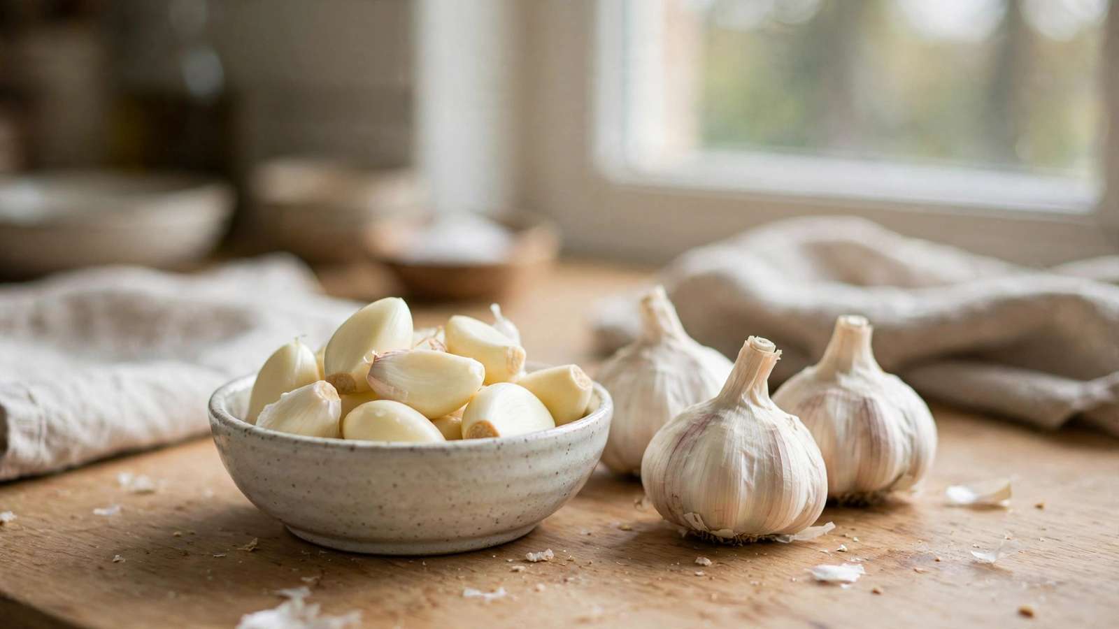 Peeled garlic cloves in a small ceramic bowl next to unpeeled bulbs