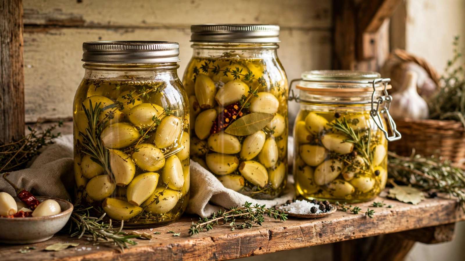 Glass jars of preserved garlic cloves in oil on a kitchen shelf