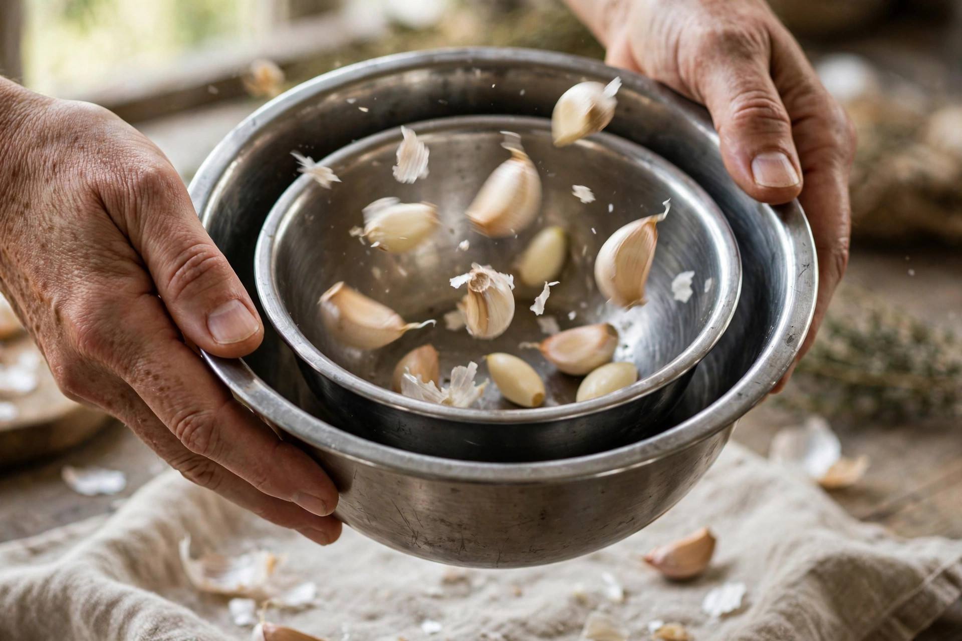 Hands shaking garlic cloves inside two nested metal bowls