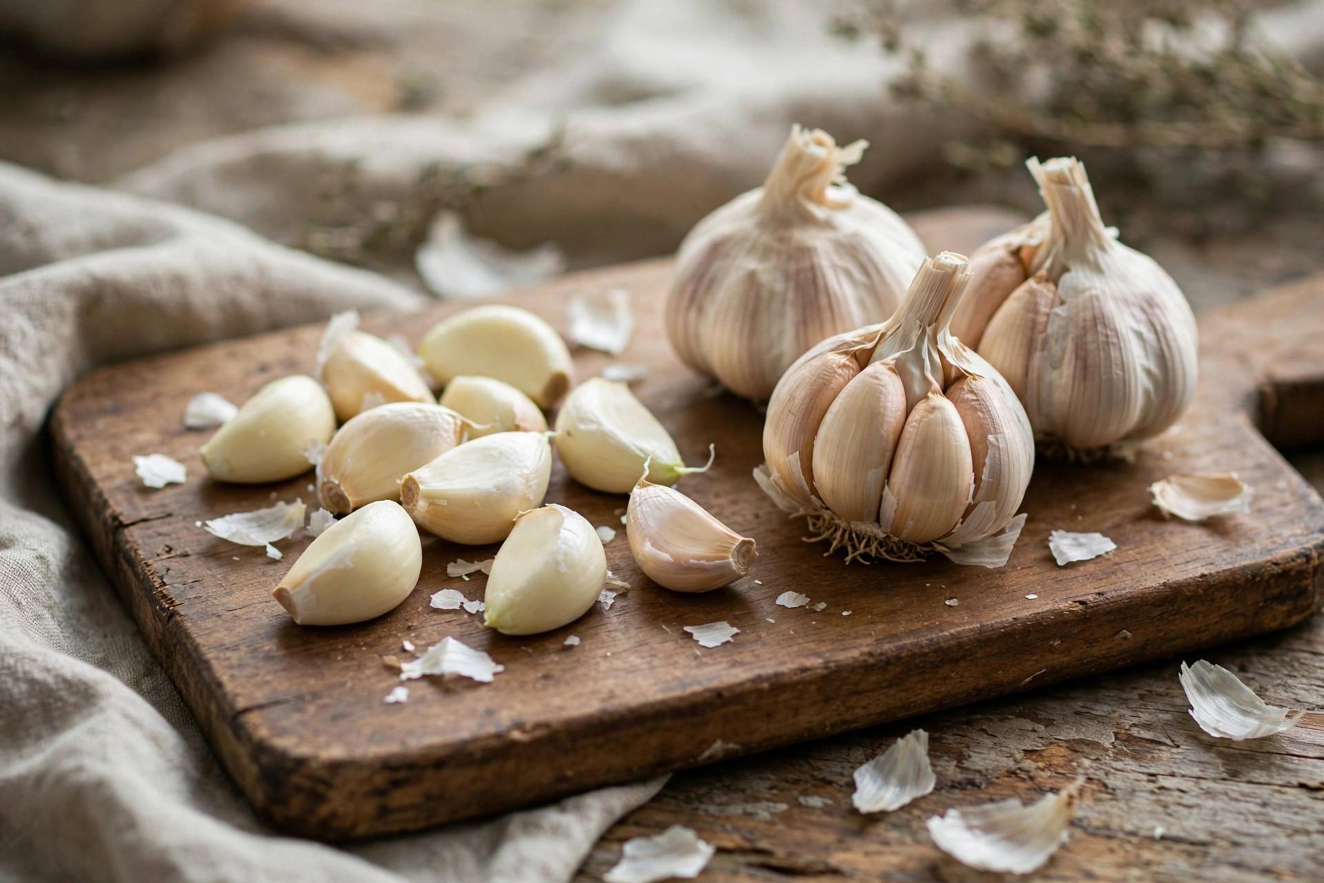 A wooden board with peeled garlic cloves next to whole garlic heads