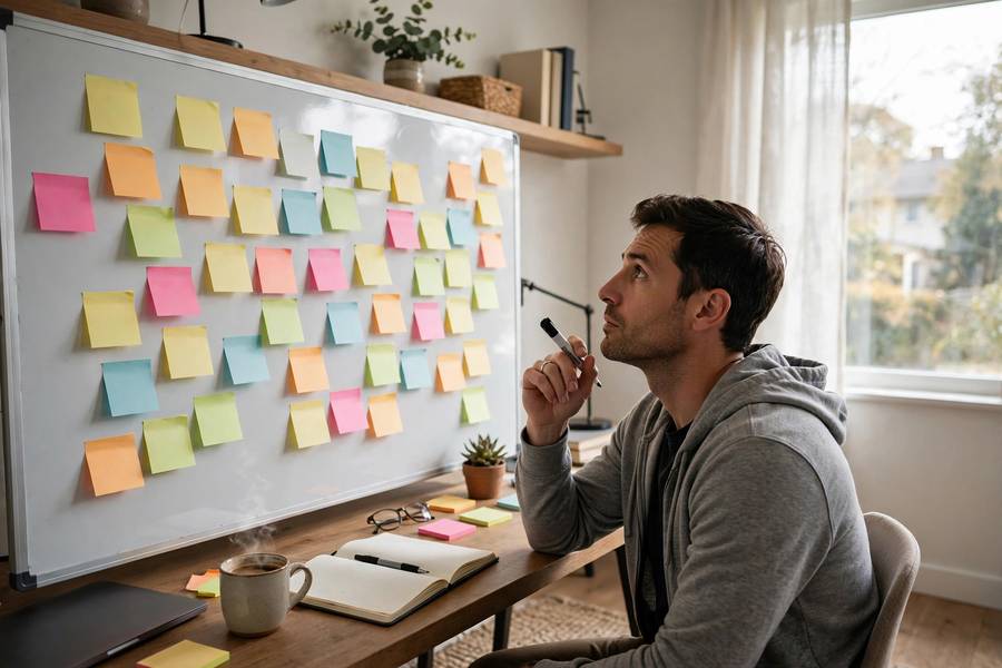 An entrepreneur brainstorming standout business name ideas on a whiteboard